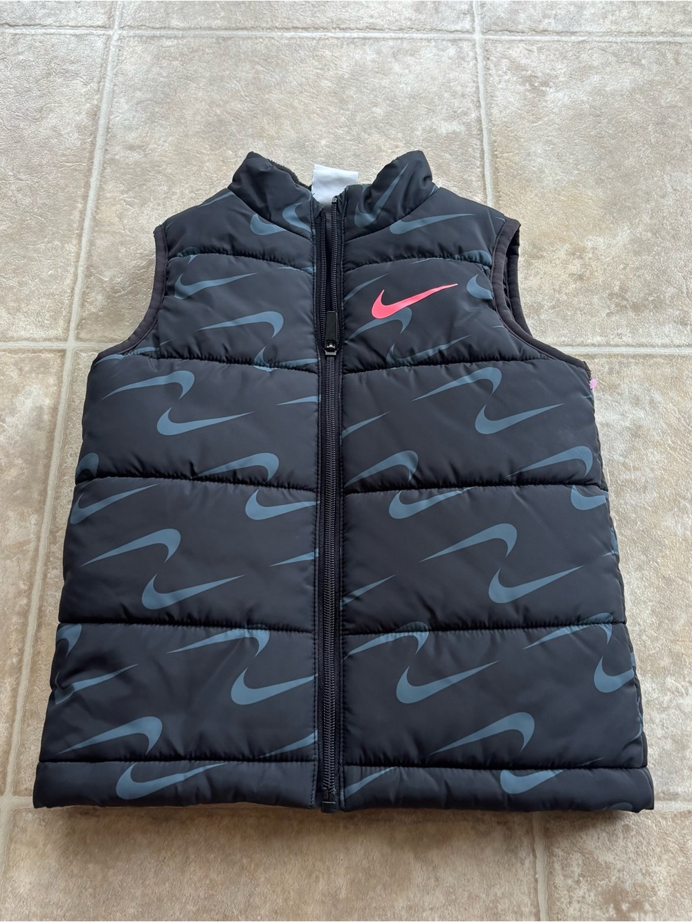 Nike Black Puffer Vest with Pink Swoosh and Gray Logo Print